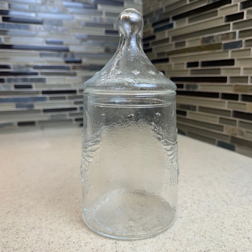 Vintage Clear Glass Apothecary Jar Embossed Eagle Star Lid Textured Patriotic